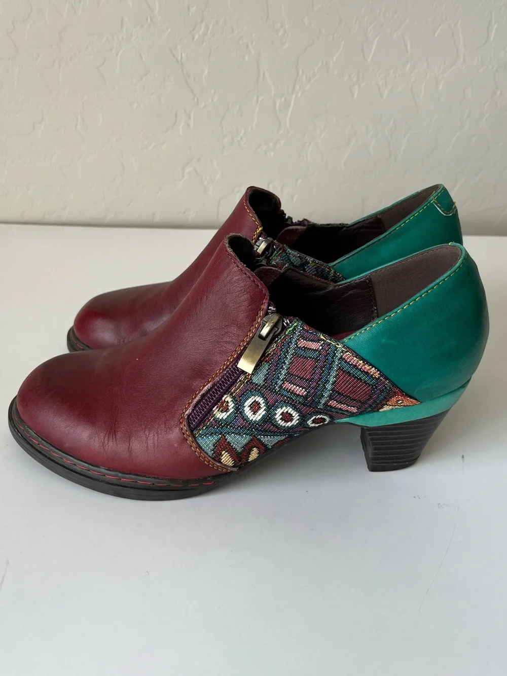 Socofy Boho Eclectic Leather Ankle Boots Booties Burgundy Turquoise Size 39